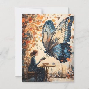 Woman Reading with Giant Butterfly Abstract Art Postcard