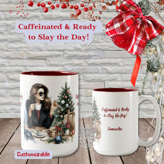 Woman Ready to Take on the Holiday, Watercolor Two-Tone Coffee Mug