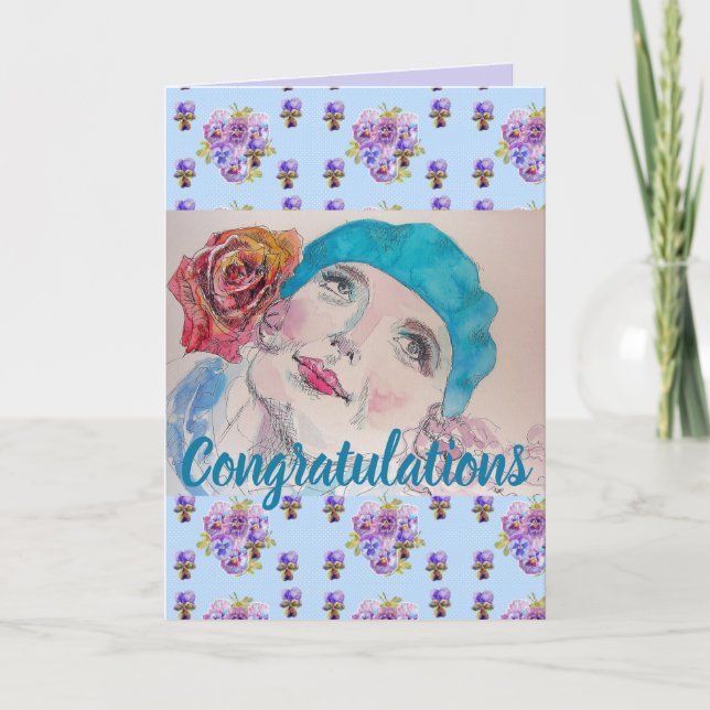 Woman Red Rose Floral Conrgatulations art Card (Front)
