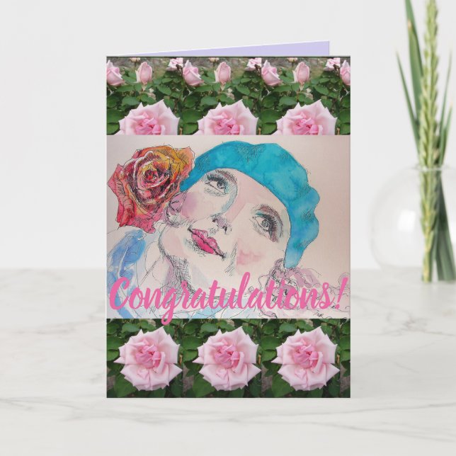 Woman Red Rose Floral Conrgatulations art Card (Front)