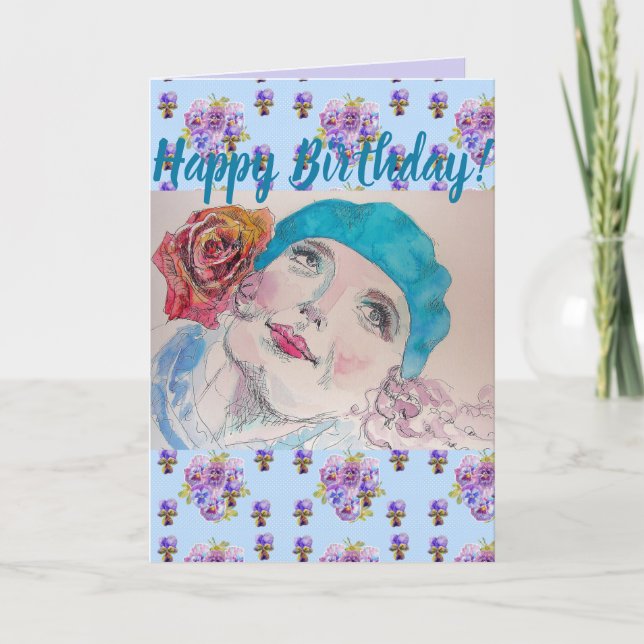 Woman Red Rose Floral Happy Birthday art Card (Front)