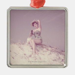 Woman Relaxing on Beach Metal Ornament