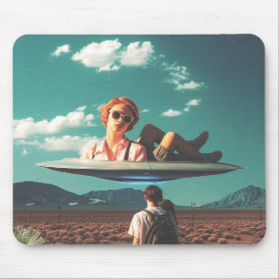 Woman Relaxing on UFO in Desert Mouse Pad