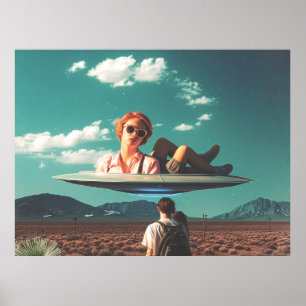 Woman Relaxing on UFO in Desert Poster