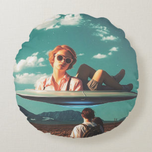 Woman Relaxing on UFO in Desert Round Pillow