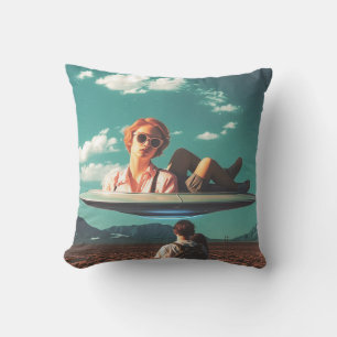 Woman Relaxing on UFO in Desert Throw Pillow