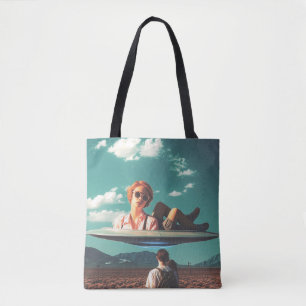 Woman Relaxing on UFO in Desert Tote Bag