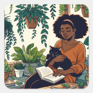 Woman Relaxing with her cat, book and plants Square Sticker