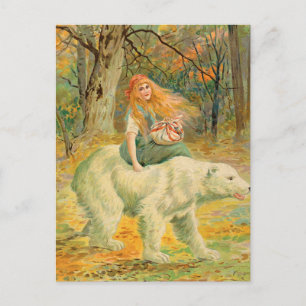 Woman Riding on Bear vintage illustration Postcard