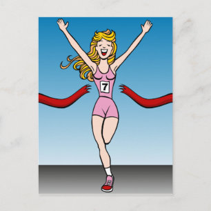 Woman Runner Winning Race Cartoon Postcard