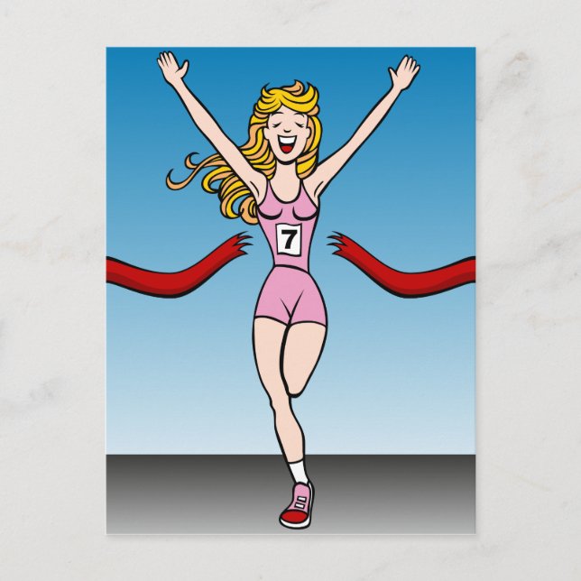Woman Runner Winning Race Cartoon Postcard (Front)
