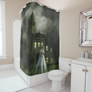 Woman Running from Haunted Mansion Shower Curtain