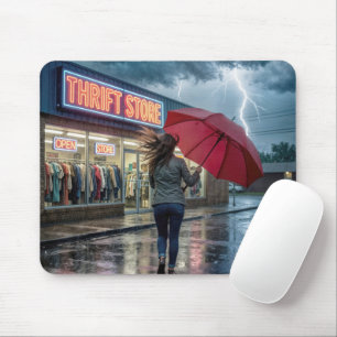Woman Running Towards a Thrift Store in a Storm Mouse Pad