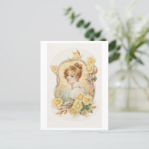 Woman’s Portrait Enframed with Yellow Roses Postcard