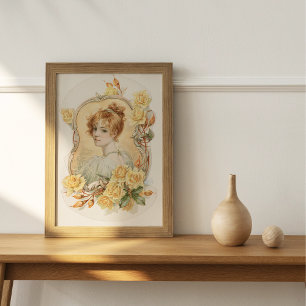 Woman’s Portrait Enframed with Yellow Roses Poster
