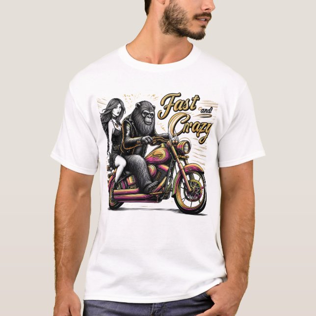 Woman Sasquatch Yeti bigfoot on Motorcycle T-Shirt (Front)