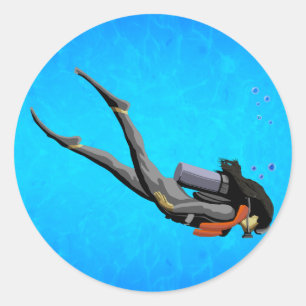 Woman SCUBA Diving Classic Round Sticker