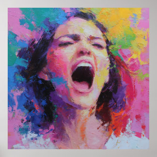 Woman Shouting Abstract Colours Expressive Acrylic Poster