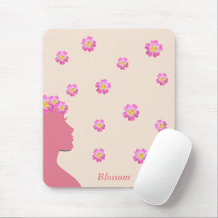 Woman silhouette, pink flowers & text on beige mouse pad