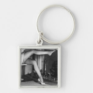 Woman sitting by fireplace B&W Keychain