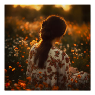 Woman Sitting in a Field of Wildflowers Poster