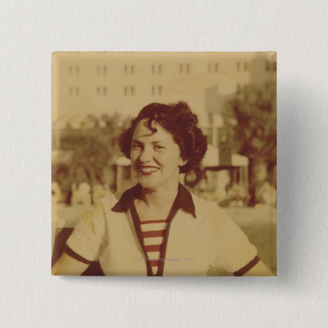 Woman Sitting Outside 2 Inch Square Button (Front)