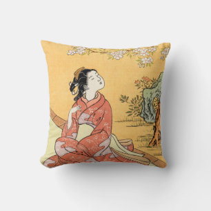 Woman Sitting Under Cherry Blossoms Throw Pillow