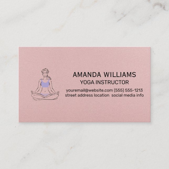 Woman Sitting Yoga Pose | Pink Leather Texture Business Card (Front)