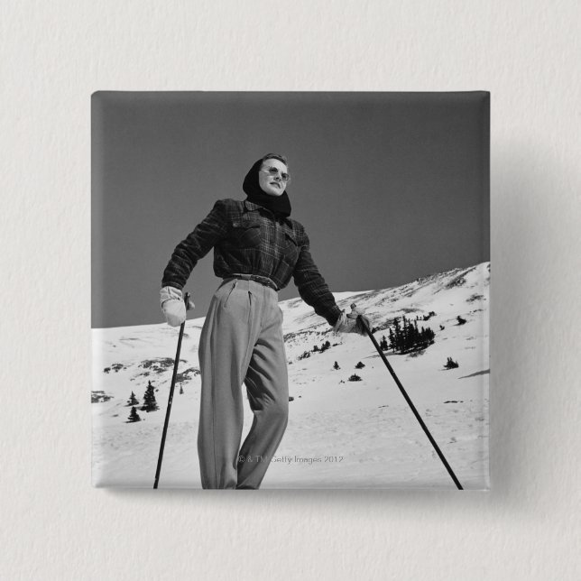 Woman Skier 2 Inch Square Button (Front)