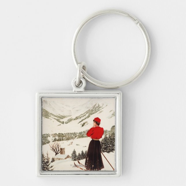 Woman Skier Overlooking Adelboden Poster Keychain (Front)