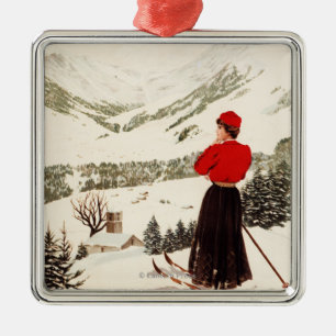 Woman Skier Overlooking Adelboden Poster Metal Ornament