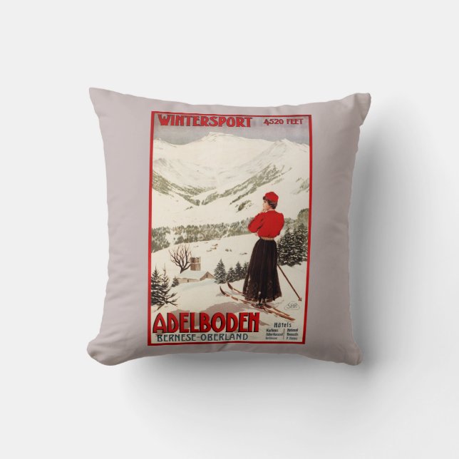 Woman Skier Overlooking Adelboden Poster Throw Pillow (Front)