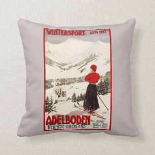 Woman Skier Overlooking Adelboden Poster Throw Pillow