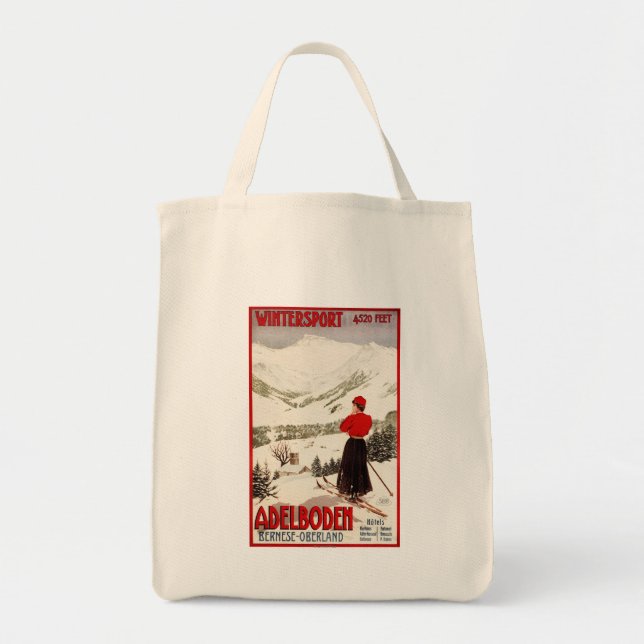 Woman Skier Overlooking Adelboden Poster Tote Bag (Front)