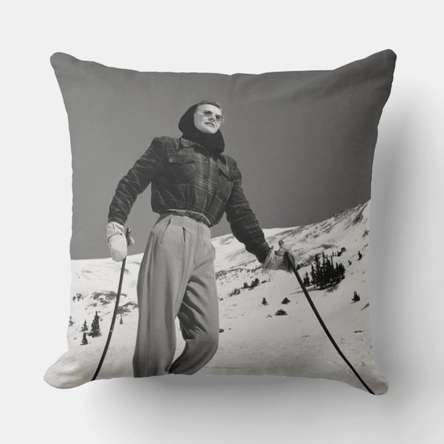 Woman Skier Throw Pillow (Front)