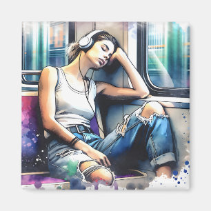 Woman Sleeping on the Subway Listening to Music Magnet