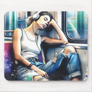 Woman Sleeping on the Subway Listening to Music Mouse Pad