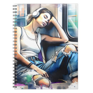 Woman Sleeping on the Subway Listening to Music Notebook