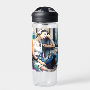Woman Sleeping on the Subway Listening to Music Water Bottle