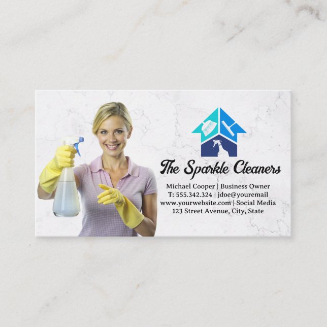 Woman Smiling Holding Cleaning Spray Business Card (Front)