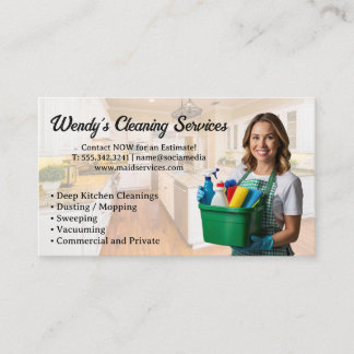Woman Smiling Holding Cleaning Supplies | Kitchen Business Card