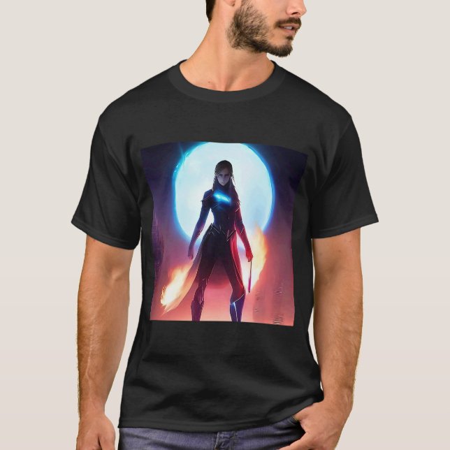 Woman Sorceress Witch Big Light Blue Moon Magic Fi T-Shirt (Front)