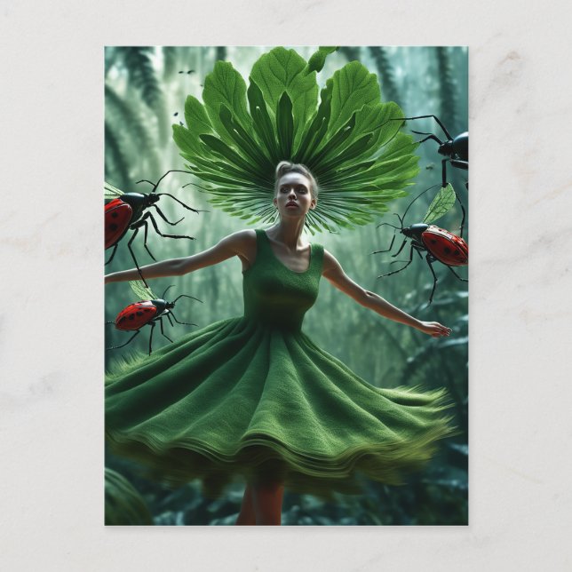 Woman spinning around in a dress made of plant bug postcard (Front)
