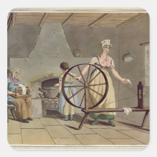Woman Spinning, from 'Costume of Yorkshire' Square Sticker