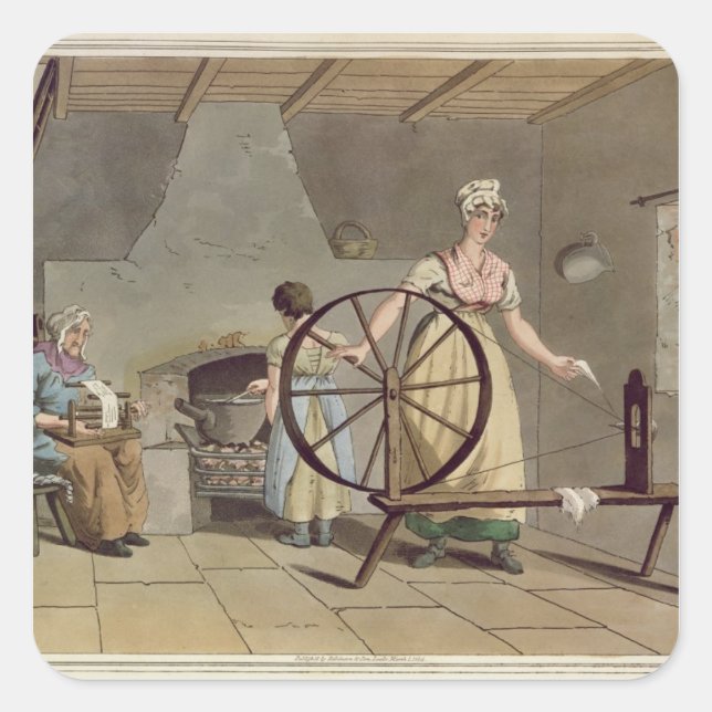 Woman Spinning, from 'Costume of Yorkshire' Square Sticker (Front)