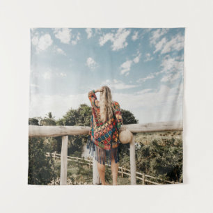 Woman standing on terrace tapestry