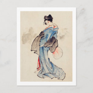 Woman Stands with a Fan, Hokusai Postcard