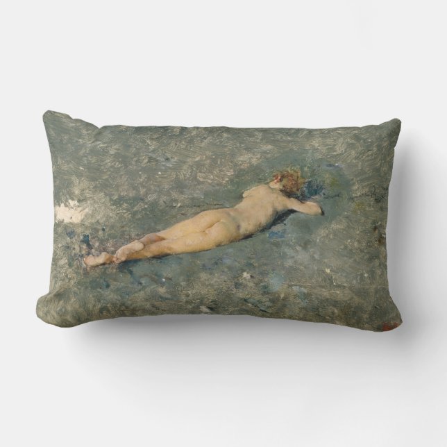 Woman Sunbathing on the Beach at Portici Lumbar Pillow (Front)