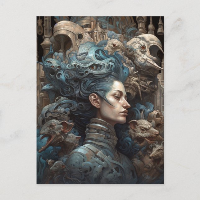 Woman Surrounded By Monsters Surreal Art Postcard (Front)