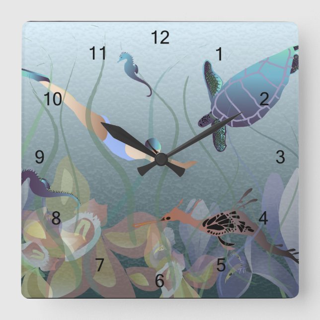 Woman swimming underwater with turtle square wall clock (Front)